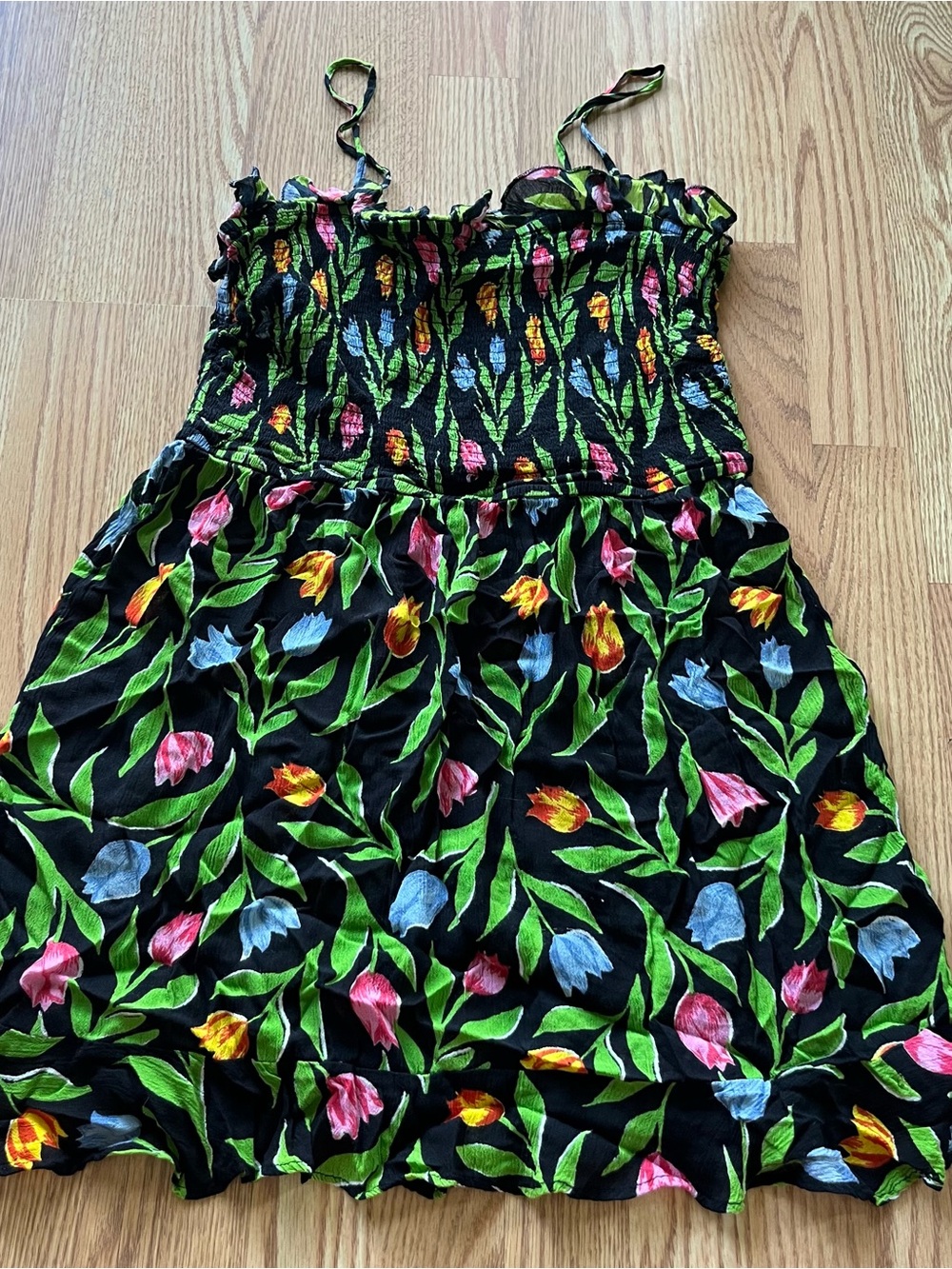 Urban Outfitters black + multi tulip print mini dress